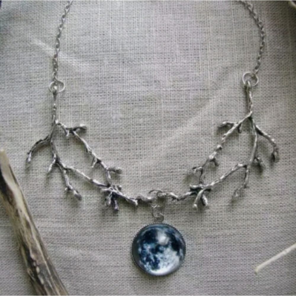 Goth full moon branch tree silver necklace Wicca witch pendant